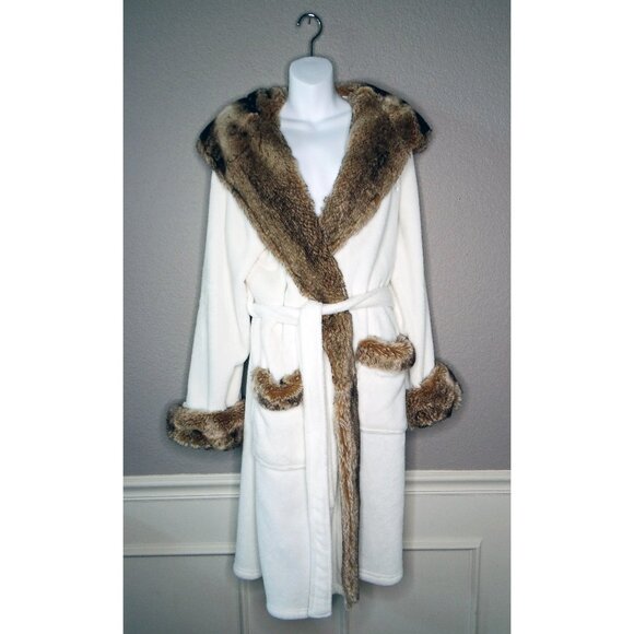 Pottery Barn Faux Fur Ombre Hooded Robe Caramel Trim "M" Monogram Size M - Picture 1 of 12